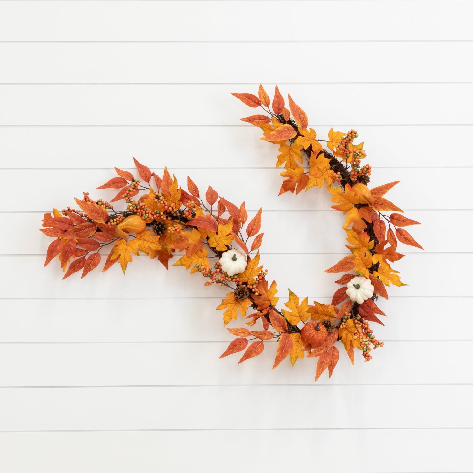 Garland with orange maple leaves, pumpkins, gourds, berries and pinecones by Nearly Natural on Tampa Home & Garden Store