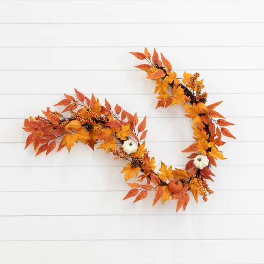 Garland with orange maple leaves, pumpkins, gourds, berries and pinecones by Nearly Natural on Tampa Home & Garden Store