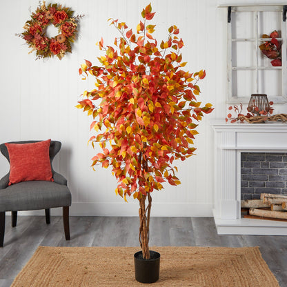 6 ft Autumn Ficus Artificial Fall Tree Nearly Natural with orange red yellow leaves in black pot on Tampa Home & Garden Store