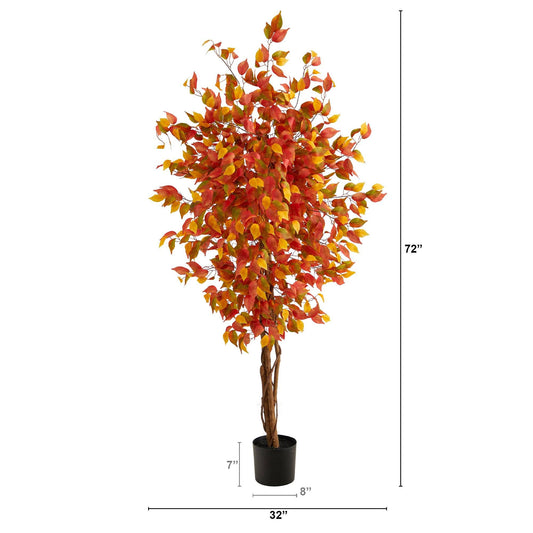Nearly Natural 6’ Autumn Ficus artificial tree with red/orange/yellow leaves in black planter on Tampa Home & Garden Store