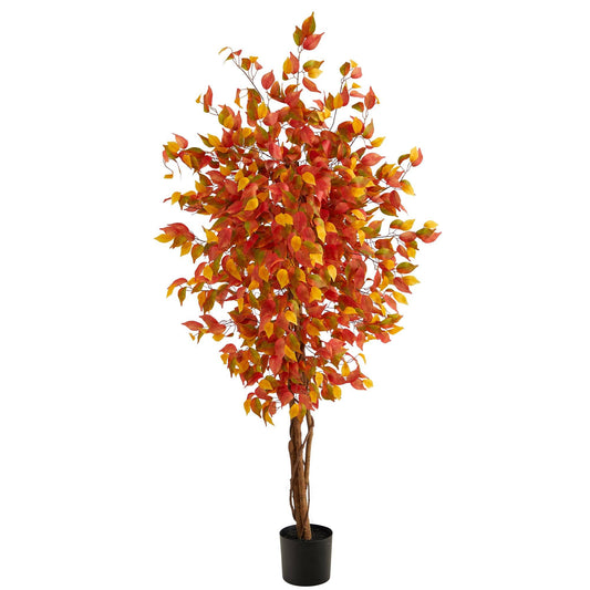 6 ft Autumn Ficus tree by Nearly Natural with red-orange-yellow fall leaves in a black planter on Tampa Home & Garden Store