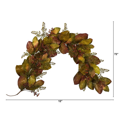 6 Foot Autumn Magnolia Leaf and Berries Garland