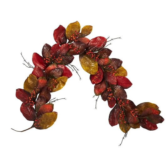 6’ Autumn Magnolia Leaf with Berries Artificial Garland - Tampa Home & Garden Store
