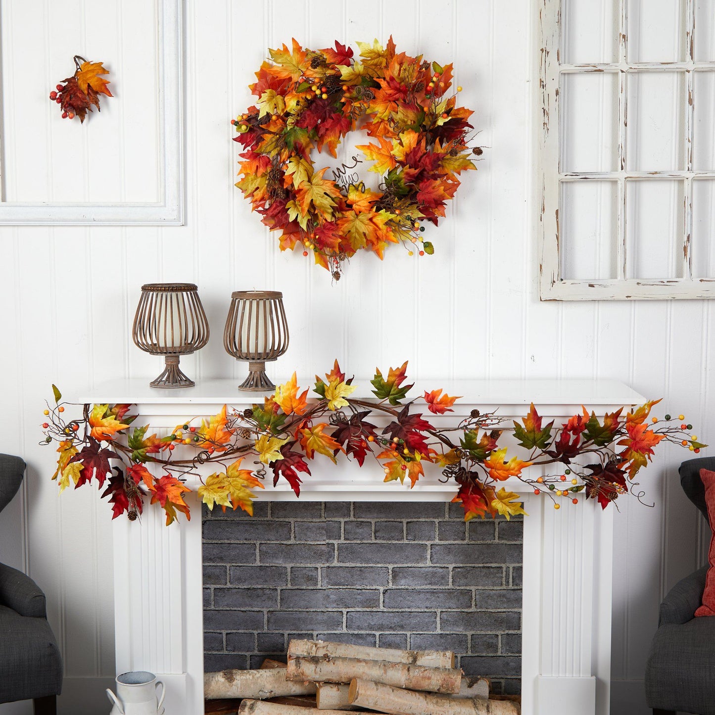6’ Autumn Maple Leaf and Berry Fall Garland by Nearly Natural, red orange yellow autumn leaves on Tampa Home & Garden Store
