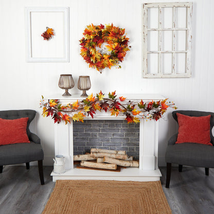 6' Autumn Maple Leaf and Berry Fall Garland by Nearly Natural, autumn leaves and berries on Tampa Home & Garden Store