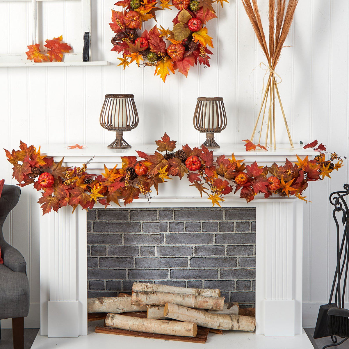 6 ft Autumn Maple Leaf Garland with pumpkins, gourds and berries by Nearly Natural on Tampa Home & Garden Store