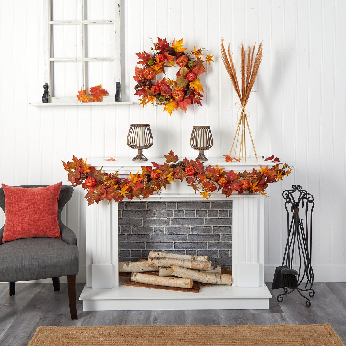 6 ft Autumn Maple Leaf Pumpkin Gourd Berry Garland with vivid red orange yellow leaves on Tampa Home & Garden Store