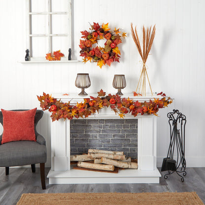 6 ft Autumn Maple Leaf Pumpkin Gourd Berry Garland with vivid red orange yellow leaves on Tampa Home & Garden Store