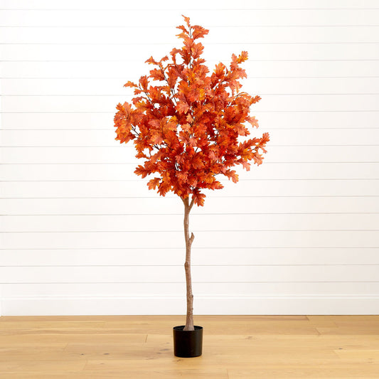 6 ft Autumn Oak artificial tree by Nearly Natural in a black pot with orange leaves on Tampa Home & Garden Store