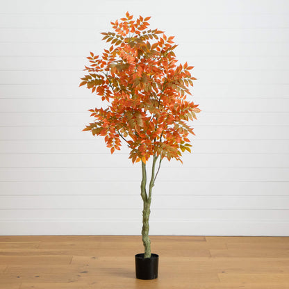 6' Autumn Sumac artificial tree by Nearly Natural with orange-red leaves in a black pot on Tampa Home & Garden Store