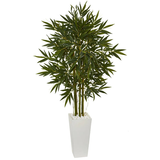 6' Bamboo Artificial Tree in a White Tower Planter with White Stones by Nearly Natural on Tampa Home & Garden Store