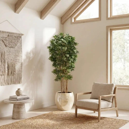6 ft Bamboo Japanica Silk Tree by Nearly Natural in cream pot in living room on Tampa Home & Garden Store
