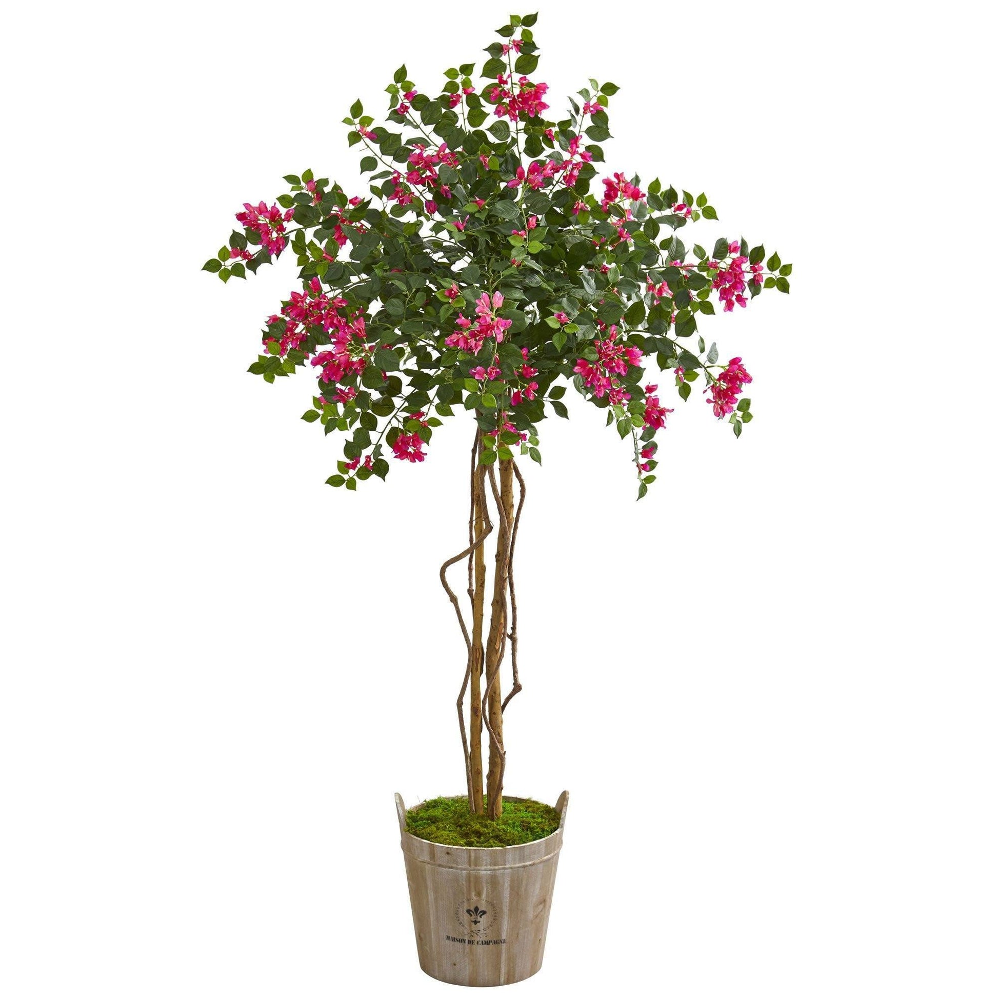 6' Bougainvillea Artificial Tree in farmhouse planter with pink blooms by Nearly Natural on Tampa Home & Garden Store