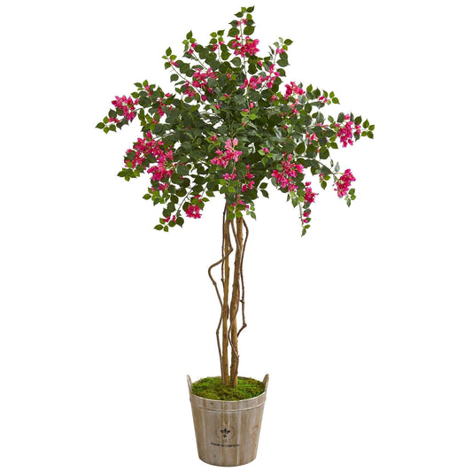 6' Bougainvillea Artificial Tree in farmhouse planter with pink blooms by Nearly Natural on Tampa Home & Garden Store