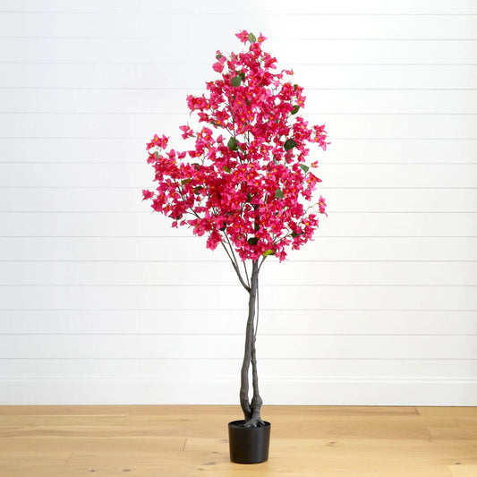 6 ft Bougainvillea artificial tree in black pot with pink blossoms by Nearly Natural, realistic on Tampa Home & Garden Store