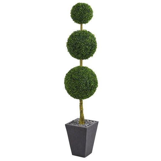 6’ Boxwood Triple Ball Topiary Artificial Tree in Slate Planter  (Indoor/Outdoor) - Tampa Home & Garden Store