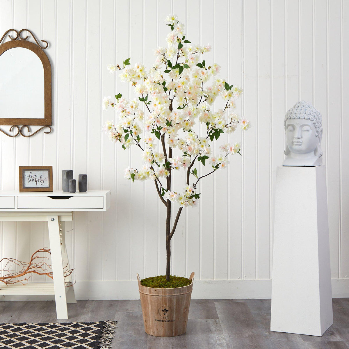 Nearly Natural 6’ Cherry Blossom Tree in farmhouse wooden planter with moss and pale pink blooms on Tampa Home & Garden Store