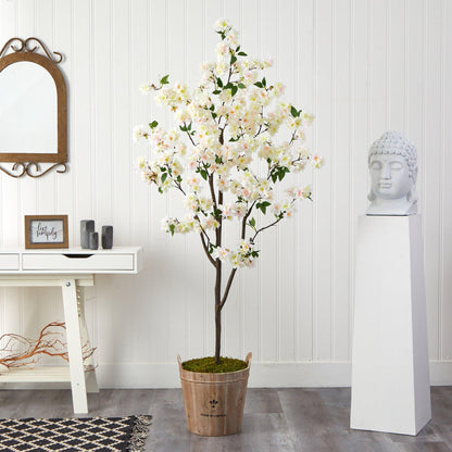 Nearly Natural 6’ Cherry Blossom Tree in farmhouse wooden planter with moss and pale pink blooms on Tampa Home & Garden Store