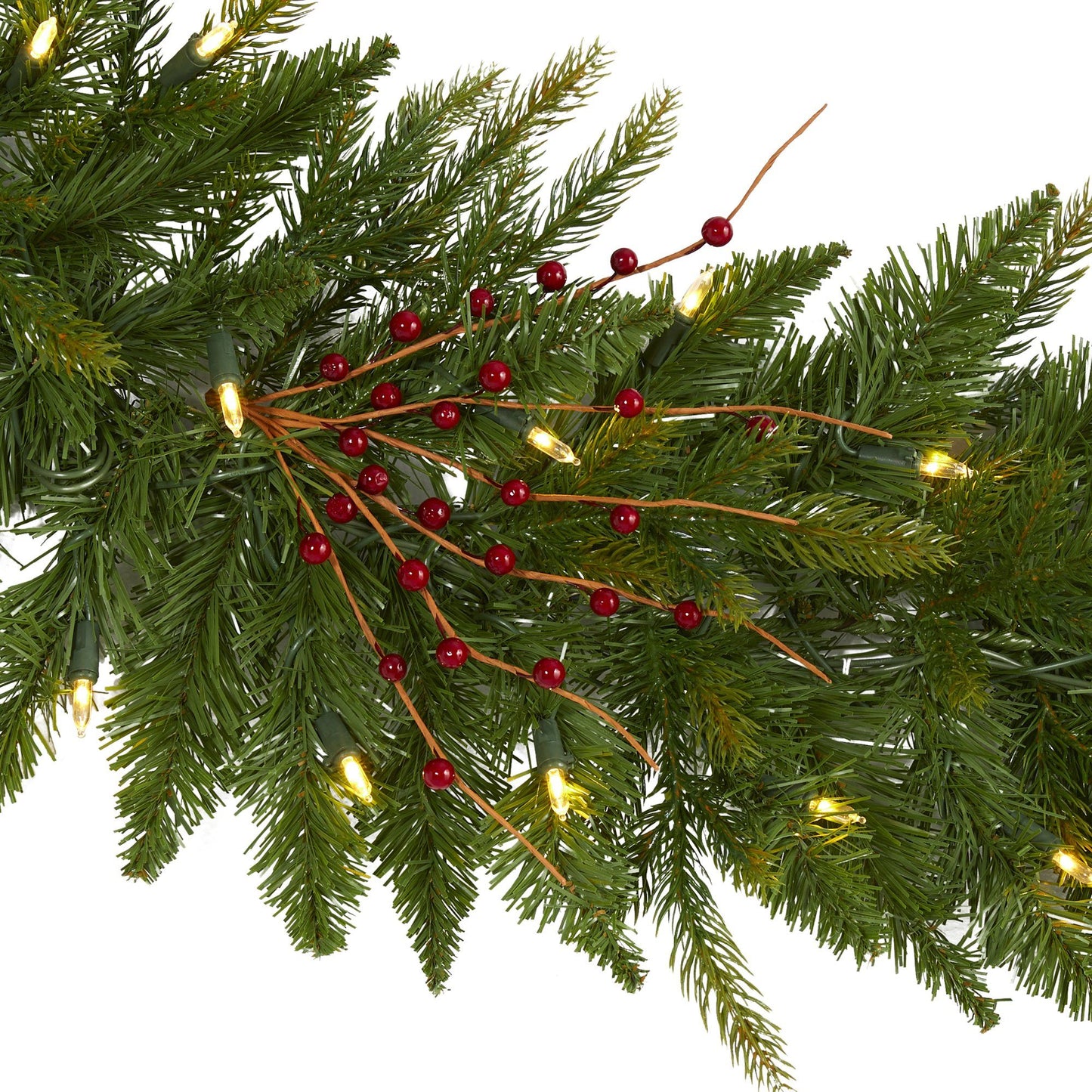 6' Christmas Pine Garland with 50 warm white LED lights and red berries by Nearly Natural on Tampa Home & Garden Store
