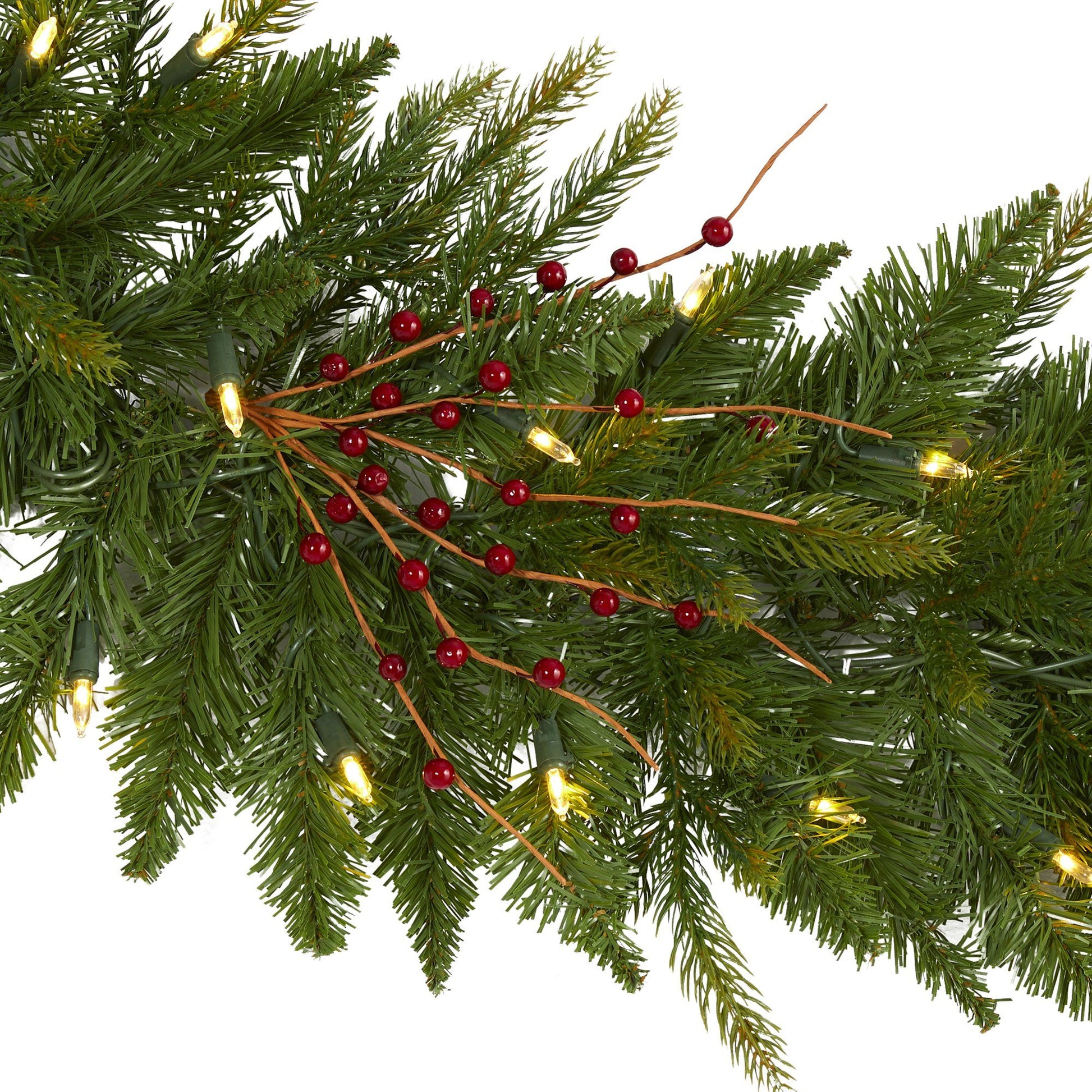 6' Christmas Pine Garland with 50 warm white LED lights and red berries by Nearly Natural on Tampa Home & Garden Store