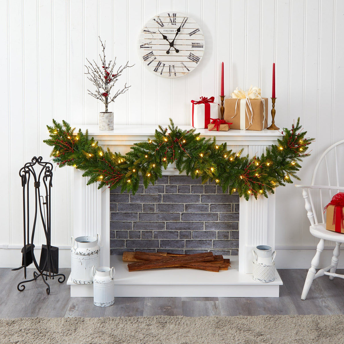 6' Christmas Pine Garland with 50 warm white LED lights and berries Nearly Natural on Tampa Home & Garden Store