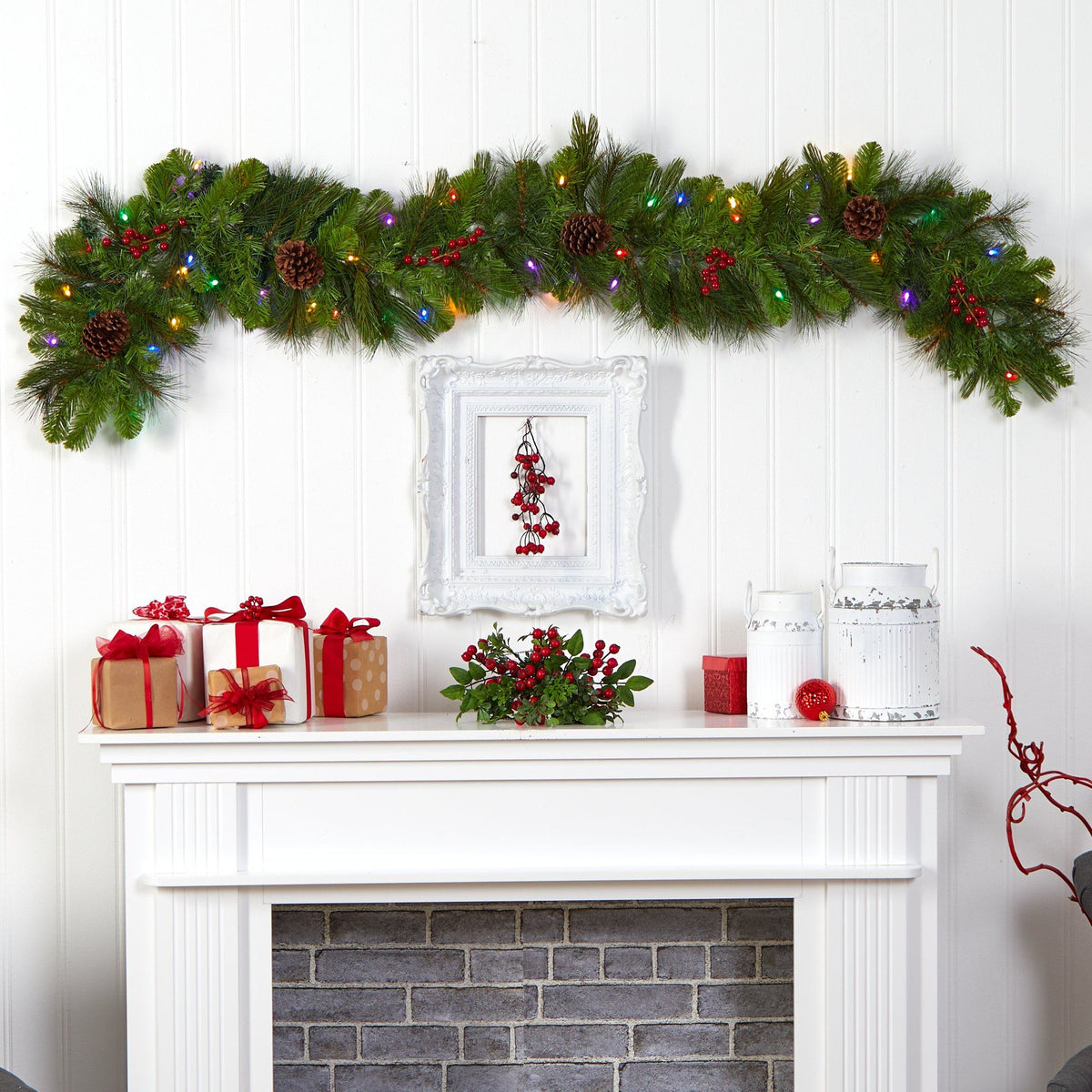 Nearly Natural 6 ft Colorado Fir garland with 50 colorful LED lights, berries and pinecones on Tampa Home & Garden Store