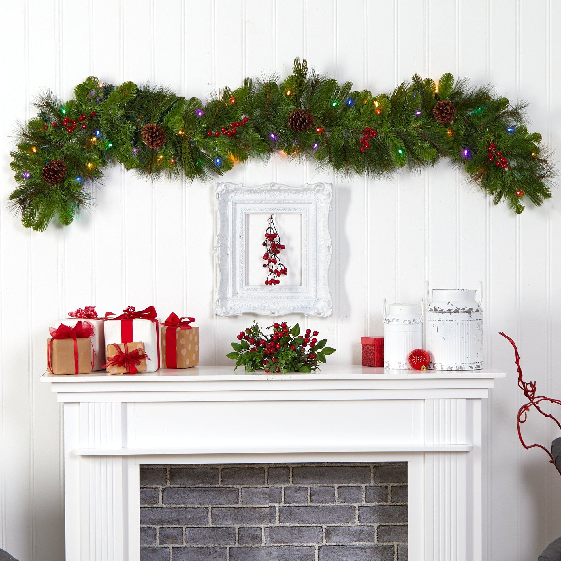 Nearly Natural 6 ft Colorado Fir garland with 50 colorful LED lights, berries and pinecones on Tampa Home & Garden Store