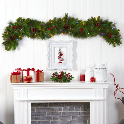 Nearly Natural 6 ft Colorado Fir garland with 50 colorful LED lights, berries and pinecones on Tampa Home & Garden Store