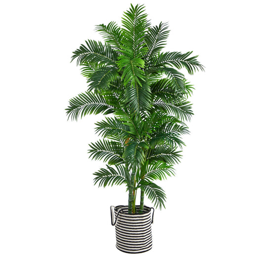 6’ Curvy Parlor Artificial Palm Tree in Handmade Black and White Natural Jute and Cotton Planter - Tampa Home & Garden Store