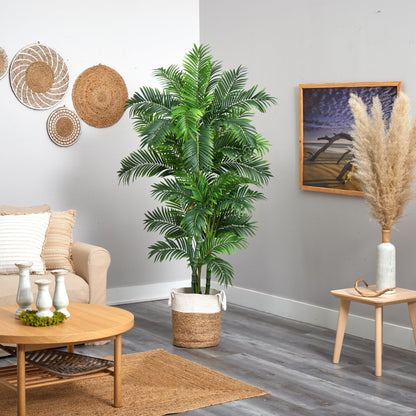 Tree in Planter 6ft Curvy Parlor Palm by Nearly Natural in natural jute cotton planter on Tampa Home & Garden Store