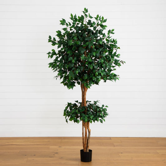 6' Double Ball Ficus Silk Tree by Nearly Natural in black pot with dense green foliage on Tampa Home & Garden Store