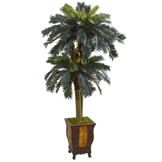 6 ft double sago palm artificial tree in designer planter by Nearly Natural with green fronds on Tampa Home & Garden Store