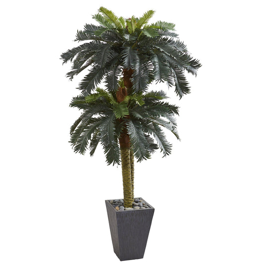 6 ft double sago palm artificial tree in slate planter with gray stones Nearly Natural on Tampa Home & Garden Store