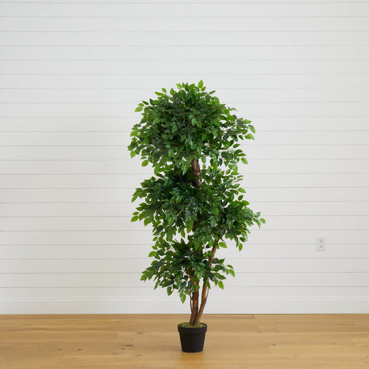 6’ Elegant Ficus Artificial Tree by Nearly Natural with lush green leaves in a black pot on Tampa Home & Garden Store