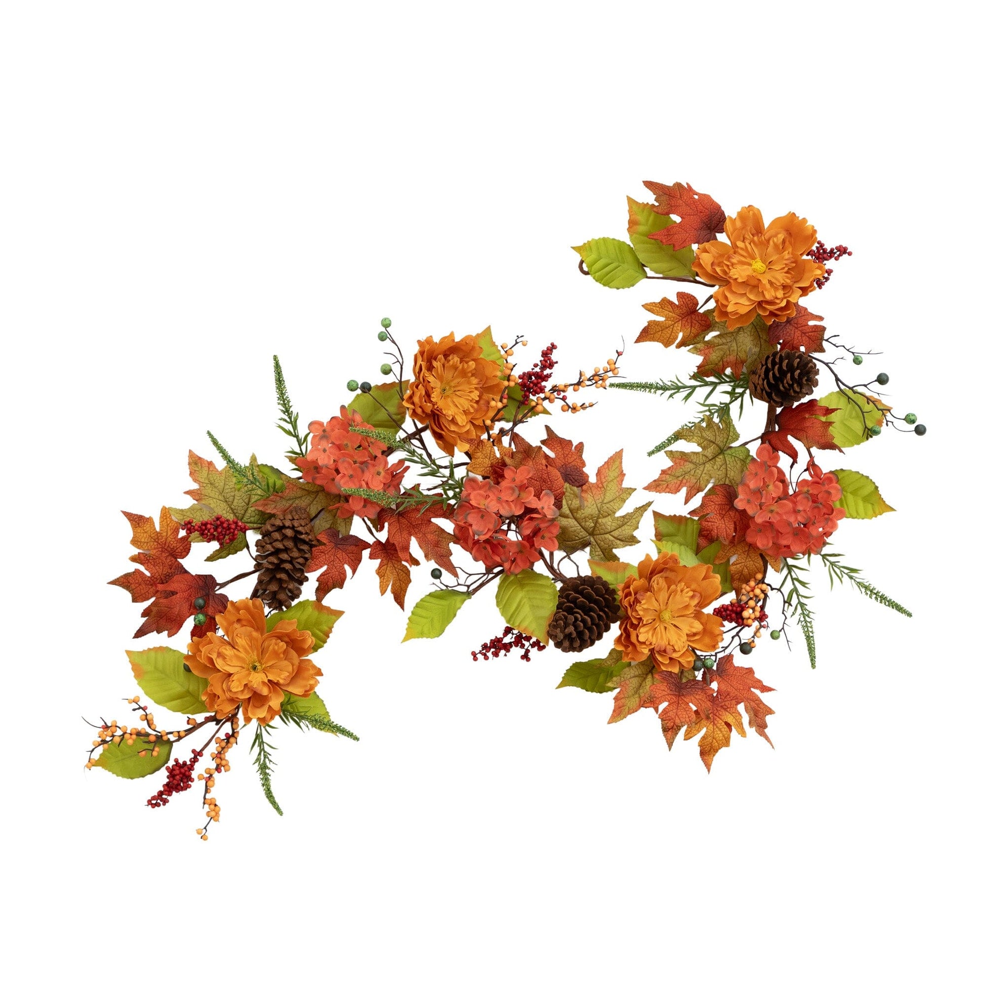 6 ft Autumn artificial garland with orange Ranunculus, Hydrangea, red berries and pinecones on Tampa Home & Garden Store