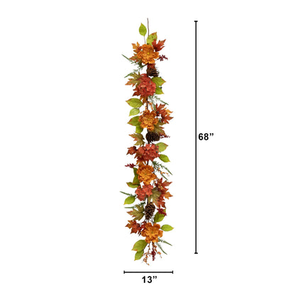 6 ft Fall Ranunculus Hydrangea and Berries Garland by Nearly Natural with orange blooms on Tampa Home & Garden Store