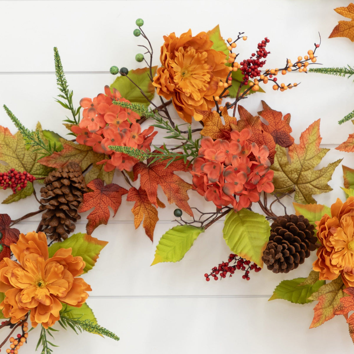 Garland Nearly Natural 6’ Fall Ranunculus Hydrangea and Berries with orange blooms on Tampa Home & Garden Store
