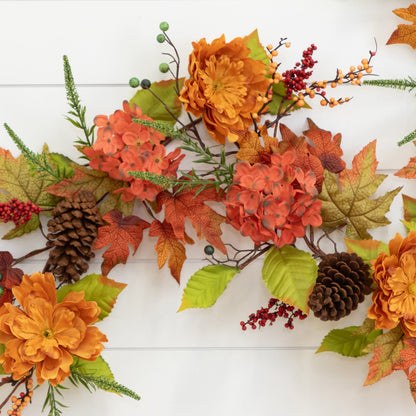 Garland Nearly Natural 6’ Fall Ranunculus Hydrangea and Berries with orange blooms on Tampa Home & Garden Store