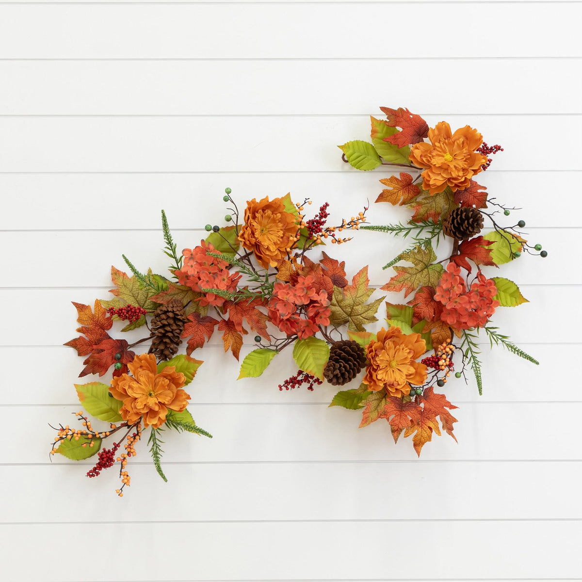 Nearly Natural 6’ Fall Ranunculus Hydrangea and Berries Autumn Garland with orange blooms on Tampa Home & Garden Store
