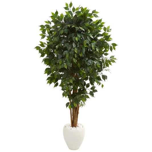 6-ft Ficus Artificial Tree in White Planter by Nearly Natural with lush green leaves on Tampa Home & Garden Store