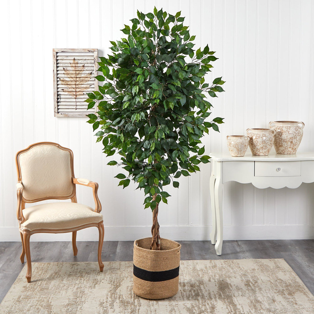 Ficus artificial tree 6 ft with natural trunk in cotton planter by Nearly Natural on Tampa Home & Garden Store