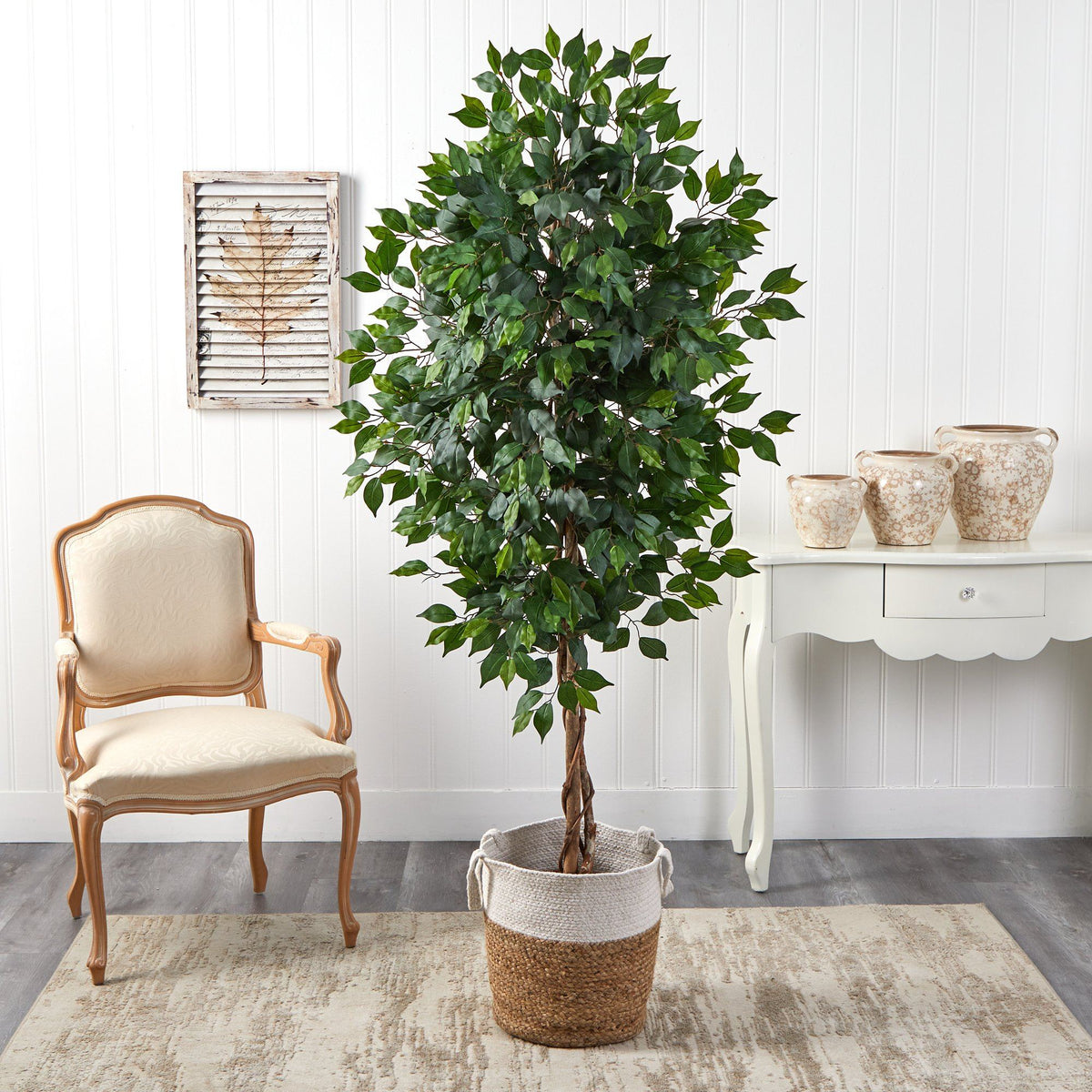 6' Ficus artificial tree with natural trunk in handmade natural jute and cotton planter Nearly Natural on Tampa Home & Garden Store
