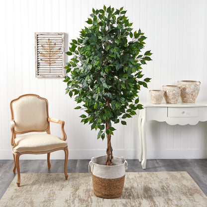 6' Ficus artificial tree with natural trunk in handmade natural jute and cotton planter Nearly Natural on Tampa Home & Garden Store