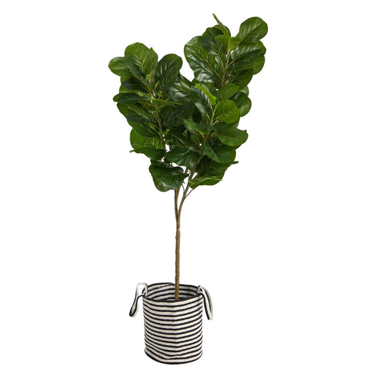 6’ Fiddle Leaf Fig Artificial Tree in Handmade Black and White Natural Jute and Cotton Planter - Tampa Home & Garden Store