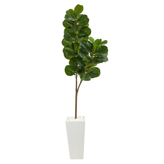 Fiddle leaf fig artificial tree by Nearly Natural in tall white planter with dark green leaves on Tampa Home & Garden Store