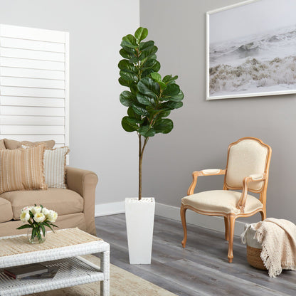 6 ft fiddle leaf fig artificial tree in tall white planter with green leaves Nearly Natural on Tampa Home & Garden Store