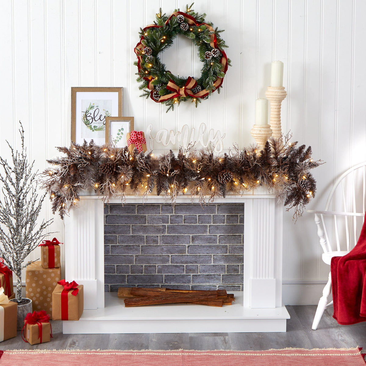 Garland 6' flocked artificial Christmas with 50 warm LEDs and pine cones Nearly Natural on Tampa Home & Garden Store