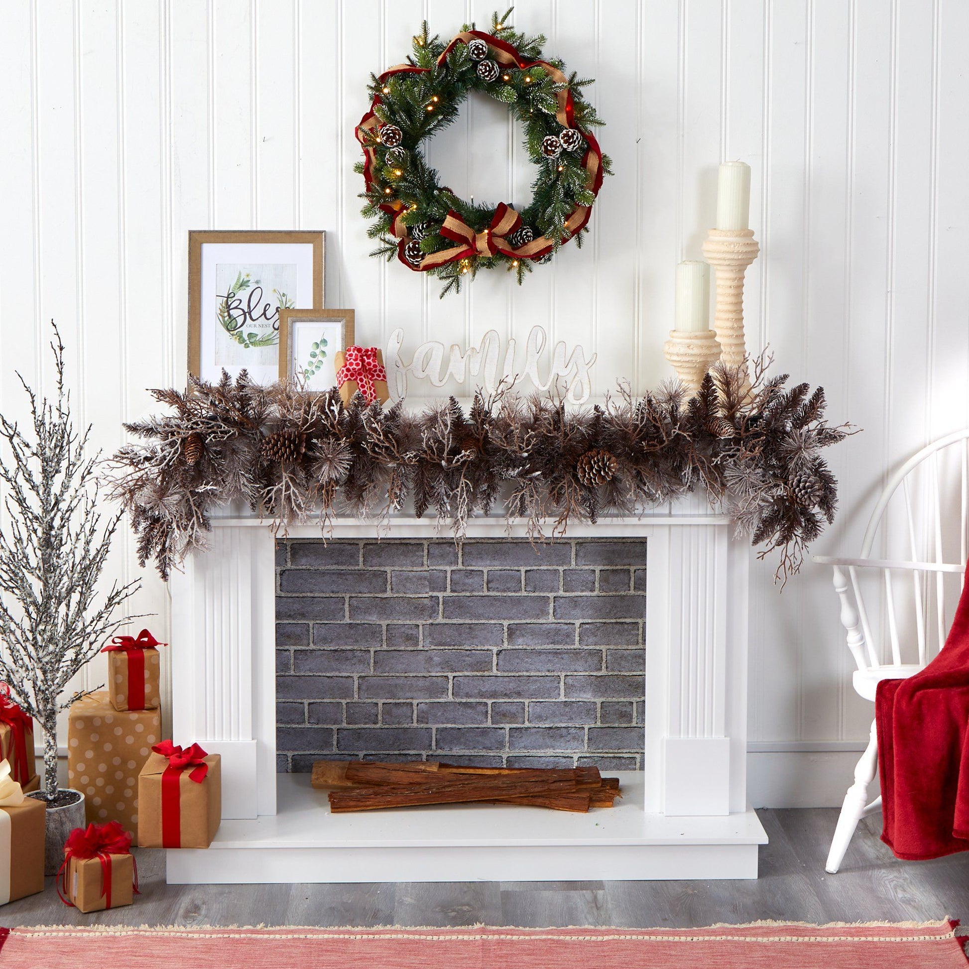 Garland 6' flocked artificial Christmas with pine cones and 50 warm white LEDs on Tampa Home & Garden Store