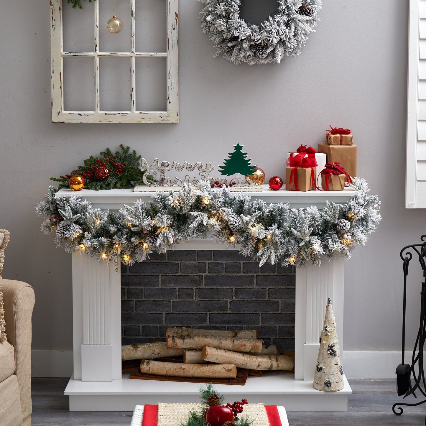 6 ft flocked artificial Christmas garland with pine cones and 35 warm white LED lights by Nearly Natural on Tampa Home & Garden Store