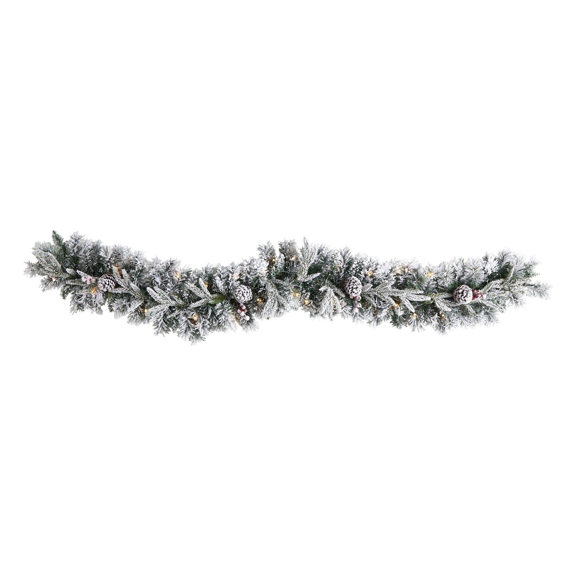 Nearly Natural 6 ft flocked Christmas garland with pine cones and 35 warm white LEDs on Tampa Home & Garden Store